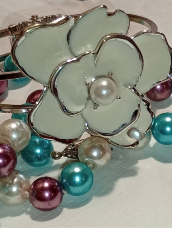 Pearl Jewelry - Pearl Multicolor Bead Necklace - Teal, Purple & Ivory And Enamel Cuff Bracelet